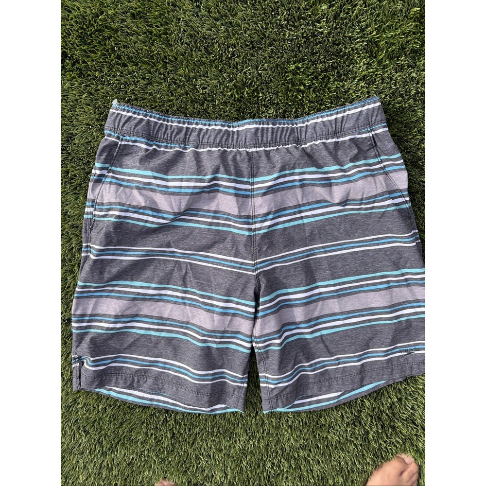 Speedo Men's Marina Swim Shorts 9" Grey White Blue Black Stripe Large